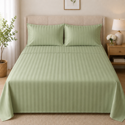 250 TC Egyptian cotton bedsheet set in Sage Mist colour, on bed