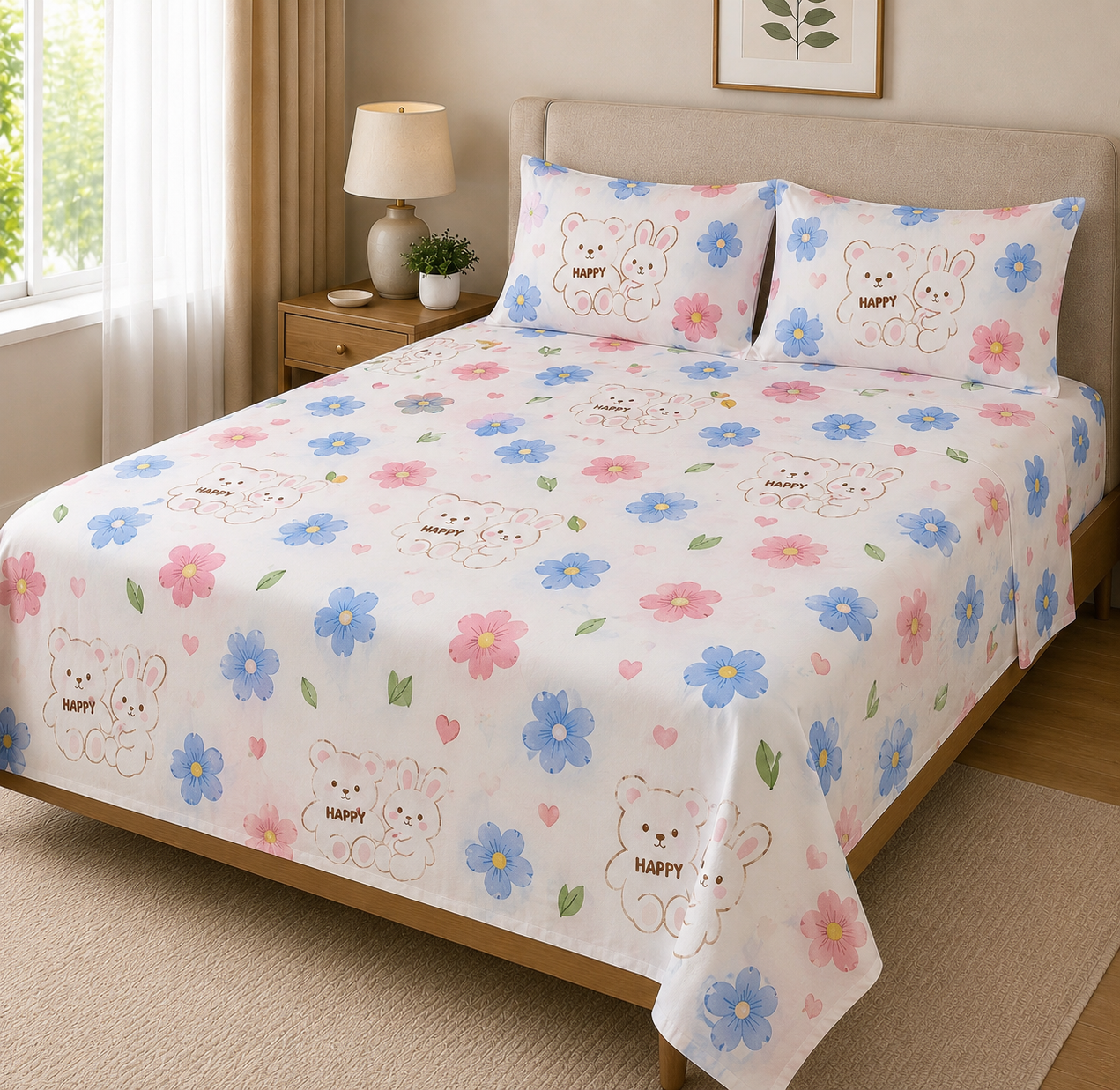 Blossom Bliss kids bedsheet set folded flat lay