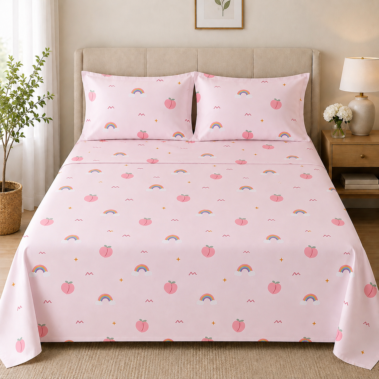 Peach Bliss kids bedsheet set folded flat lay