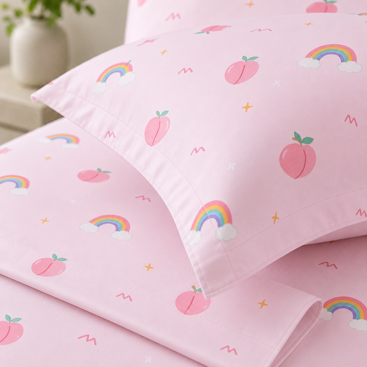 Peach Bliss kids bedsheet set on bed