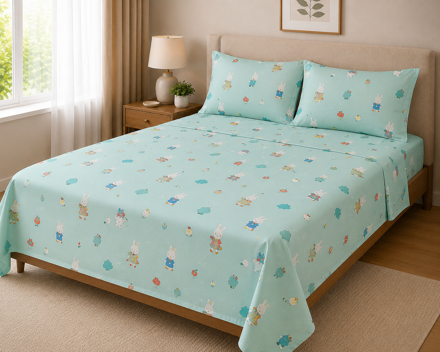 Meadow Bliss – 100% Egyptian Cotton Kids Bedsheet Set with 2 Pillowcases