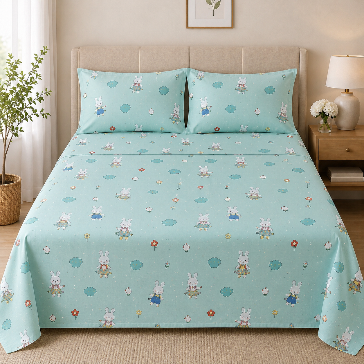 Meadow Bliss – 100% Egyptian Cotton Kids Bedsheet Set with 2 Pillowcases