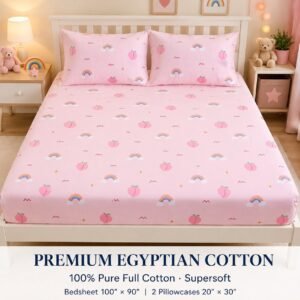 Genuine 100% Pure Egyptian Cotton, supersoft bedsheet with 2 matching pillowcases. Bedsheet size: 100” × 90”. Pillowcase size: 20” × 30” (x2). Available in 5 fun, playful designs. Perfect for kids’ rooms or anyone who loves a cheerful, cozy bedroom look.”